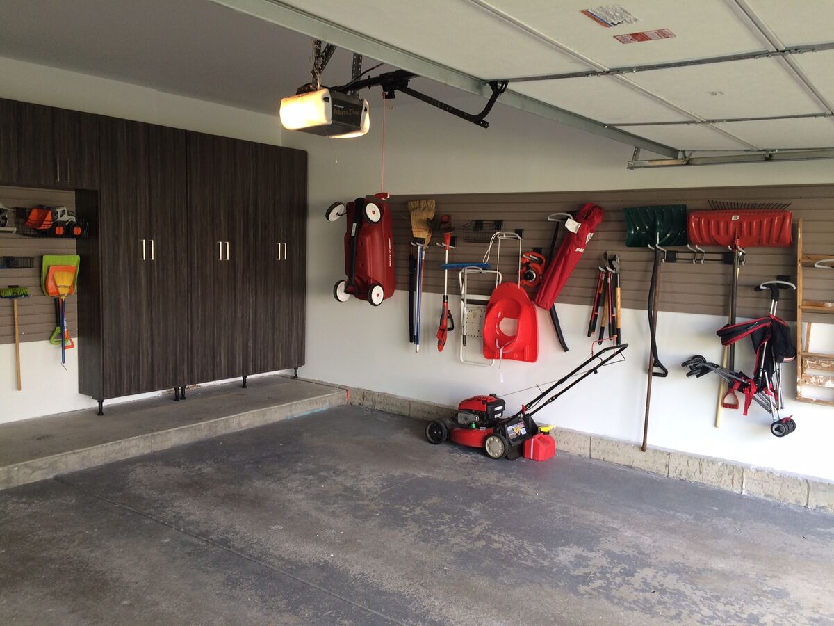 Garage storage cabinets in dark woodgrain