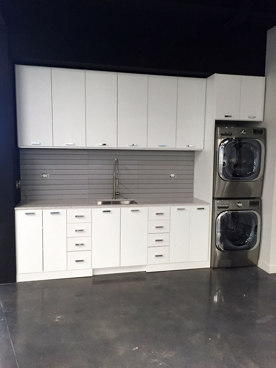 Laundry room cabinets with stacked washer
