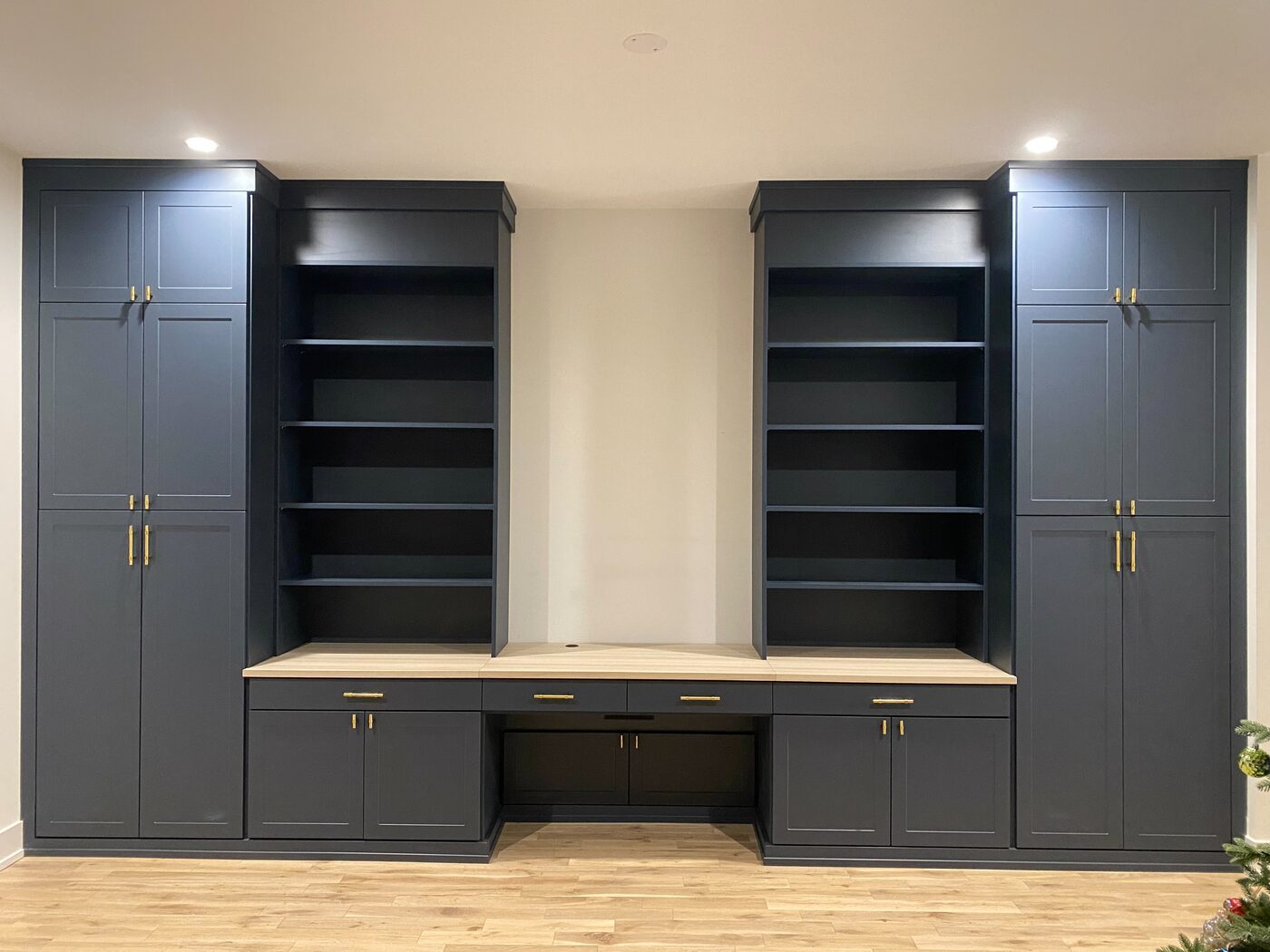 Navy built-in media center and office